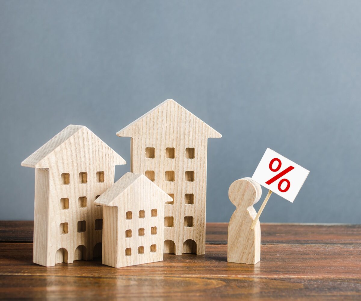 Wooden houses with percentage sign protester.